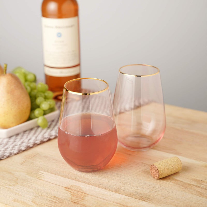 Twine Rose Crystal Stemless Wine Glasses Set, Pink Tinted with Gold Rim, Elegant Drinking Glasses for Red and White Wines, Wedding Gifts, Housewarming, Decorative Glassware, Home Bar,18 oz, Set of 2 - Image 4